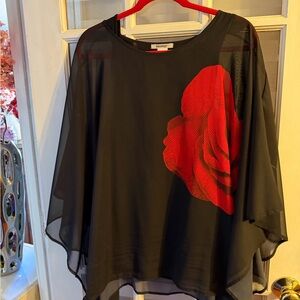 Valentina Black Blouse with Red Floral Accent